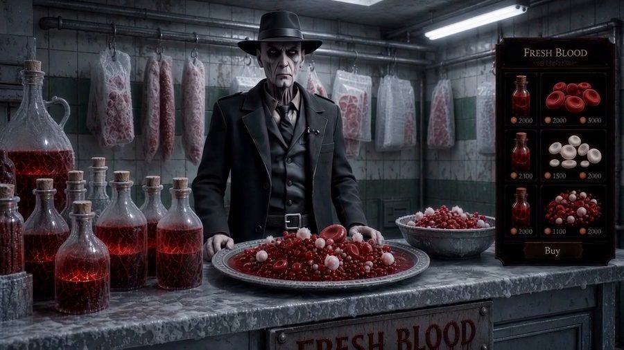 Mr Cole standing behind the Fresh Blood counter: bottles of blood, a platter of blood cells, and a price board listing red cells, white cells and platelets.