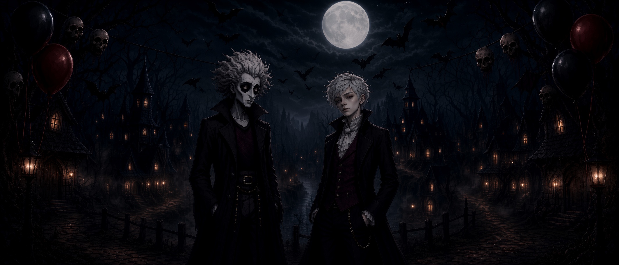 Herb and his niece standing in a street in Mercer Falls at night: a full moon behind torn cloud, bats, gothic houses with lit windows, and skull bunting strung with red and black balloons.