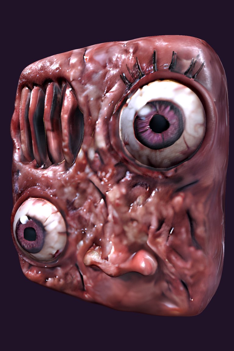 Donna in the mutant ham: a squared-off loaf of raw meat with two mismatched eyes — one large and lashed, one small and low — a slot of exposed ribs, and a small crooked mouth.