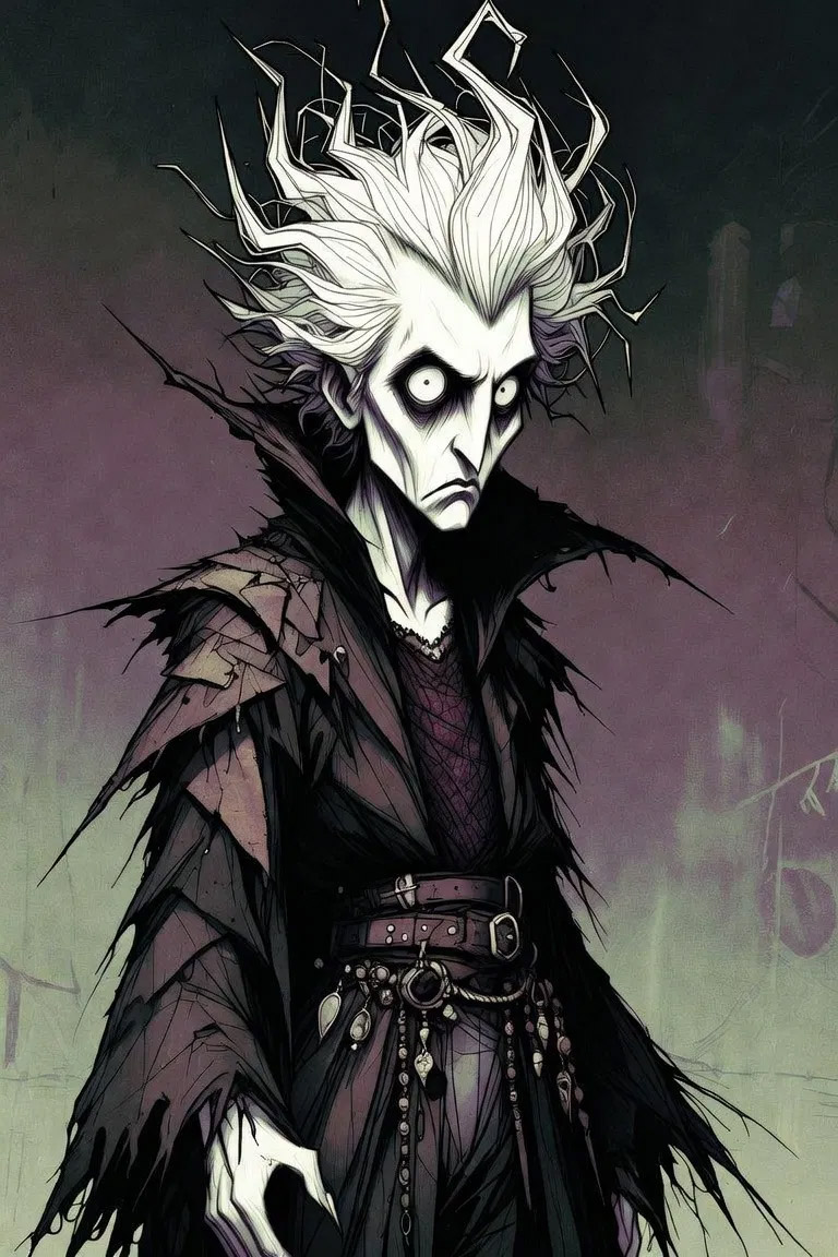 Concept art of Herb: a gaunt, pale vampire with wild white spiked hair, sunken staring eyes and a tattered layered black coat.