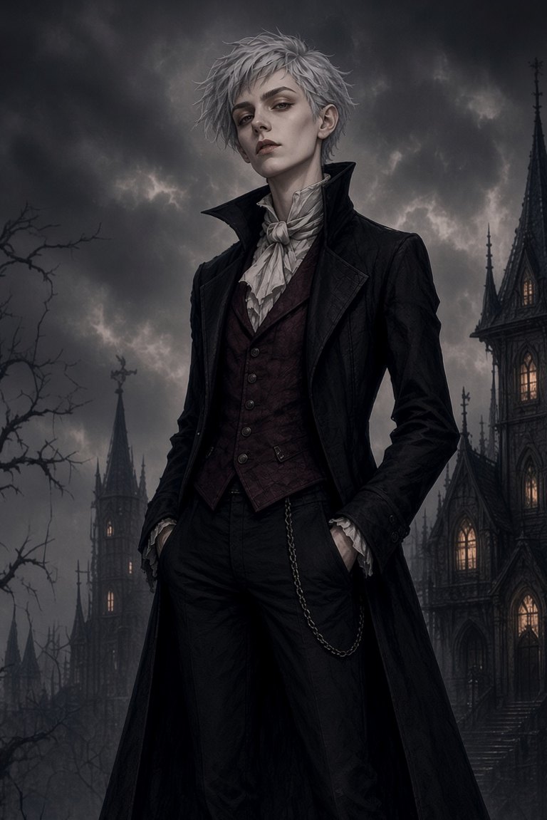 Concept art of Spice: a pale, sharp-featured vampire with short silver-white hair, a long tattered black coat over an oxblood waistcoat and a white ruffled cravat, hands in her pockets, standing before a storm-lit gothic house.