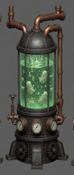 Concept art of a Cadwallader & Sons Perpetual Circulation Cabinet: a riveted iron-and-copper cylinder with brass pressure gauges and a green-glowing glass chamber, in which several small indistinct figures are suspended.